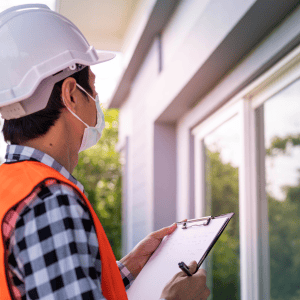 Inspector checking house exterior for code violations in Virginia.