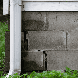 Cracked concrete foundation wall with visible damage and a drainage pipe.