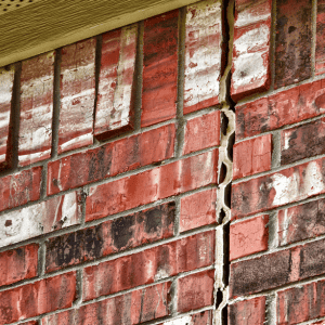 Close-up of a brick wall with visible cracks indicating foundation problems.