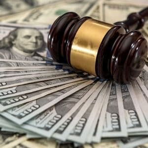Gavel on top of US dollar bills representing legal and financial house closing costs.