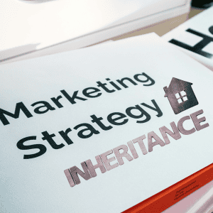 Marketing strategy document with a house icon for inheritance.