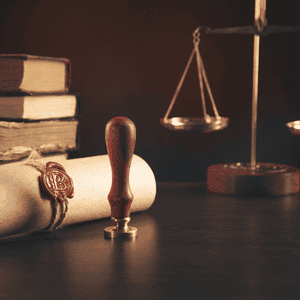 Legal documents and scales of justice on a dark wooden table.