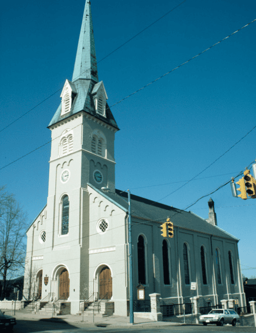 Historic church with tall steeple in Fredericksburg, Virginia.