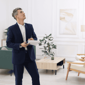 Real estate agent in formal suit holding a tablet in a modern living room.
