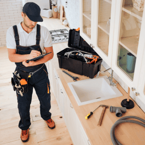 Handyman inspecting kitchen plumbing during home renovation in Fredericksburg, VA.