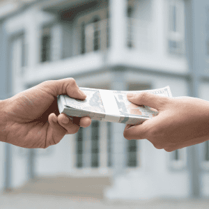 Person handing over cash to another outside a house.
