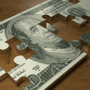 Puzzle pieces on a $100 bill representing financial planning.