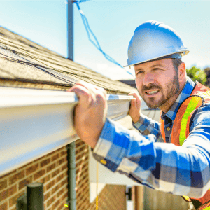 Home inspector examining roof of neglected house for repairs.