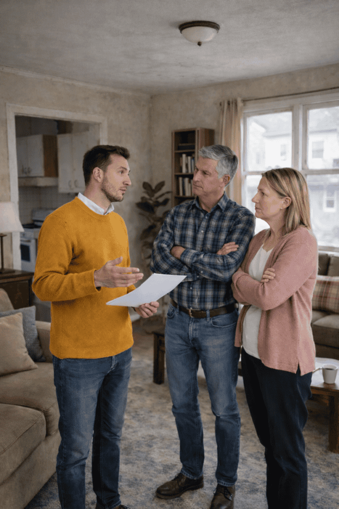 Real estate agents discussing house buying with clients in living room.